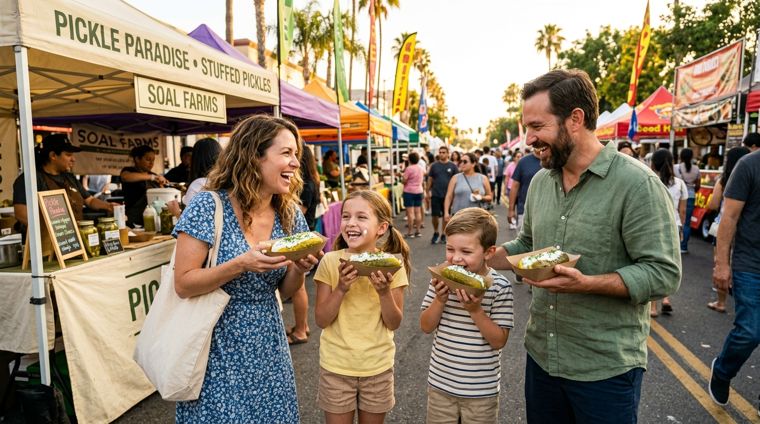 Family at a street fair eating giant stuffed pickles