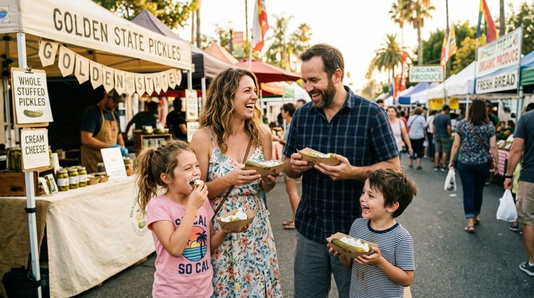 Family enjoying stuffed pickles at the market