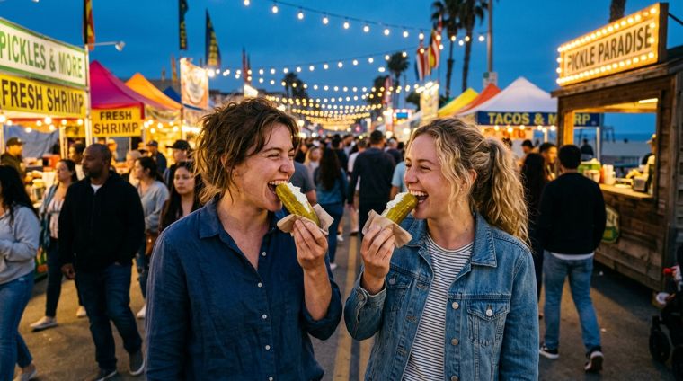 Friends at the night fair with stuffed pickles
