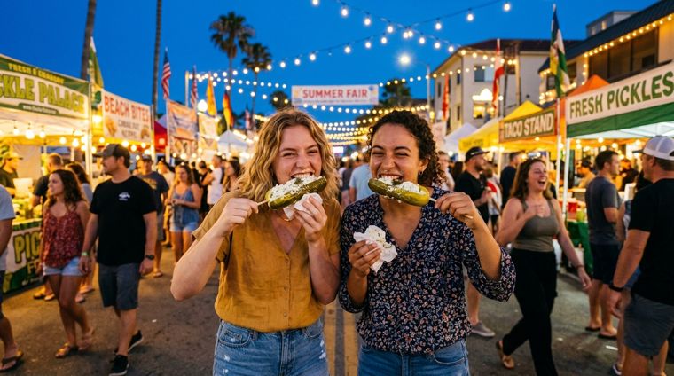 Friends laughing over giant dill pickles