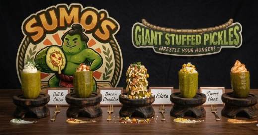 Topped stuffed pickles on display
